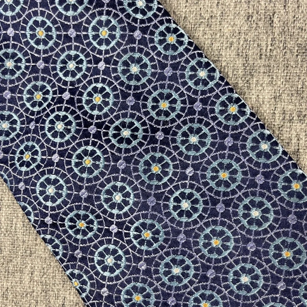 Ted‎ Baker London 100% Silk Necktie Mens Blue Geometric Woven Hand Tailored USA